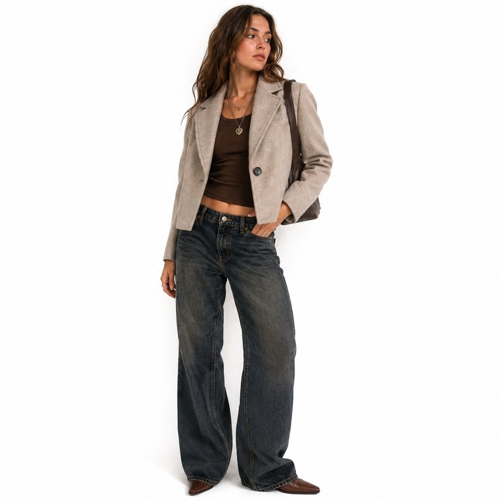Minimalist Oatmeal Beige Cropped Blazer Single Button Promesa Large